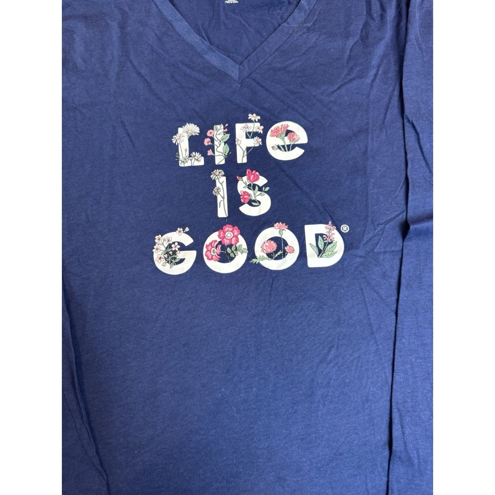 Life Is Good Sleep Womens XXL Navy Spell Out Flowers V-Neck Long Sleeve Shirt